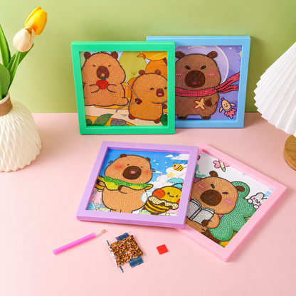 DIY Capybara Diamond Painting Art Kit (Set of 4) with Frame | 5D Crystal Rhinestone Mosaic Painting | Cute Kawaii DIY Craft Kit for Kids & Adults