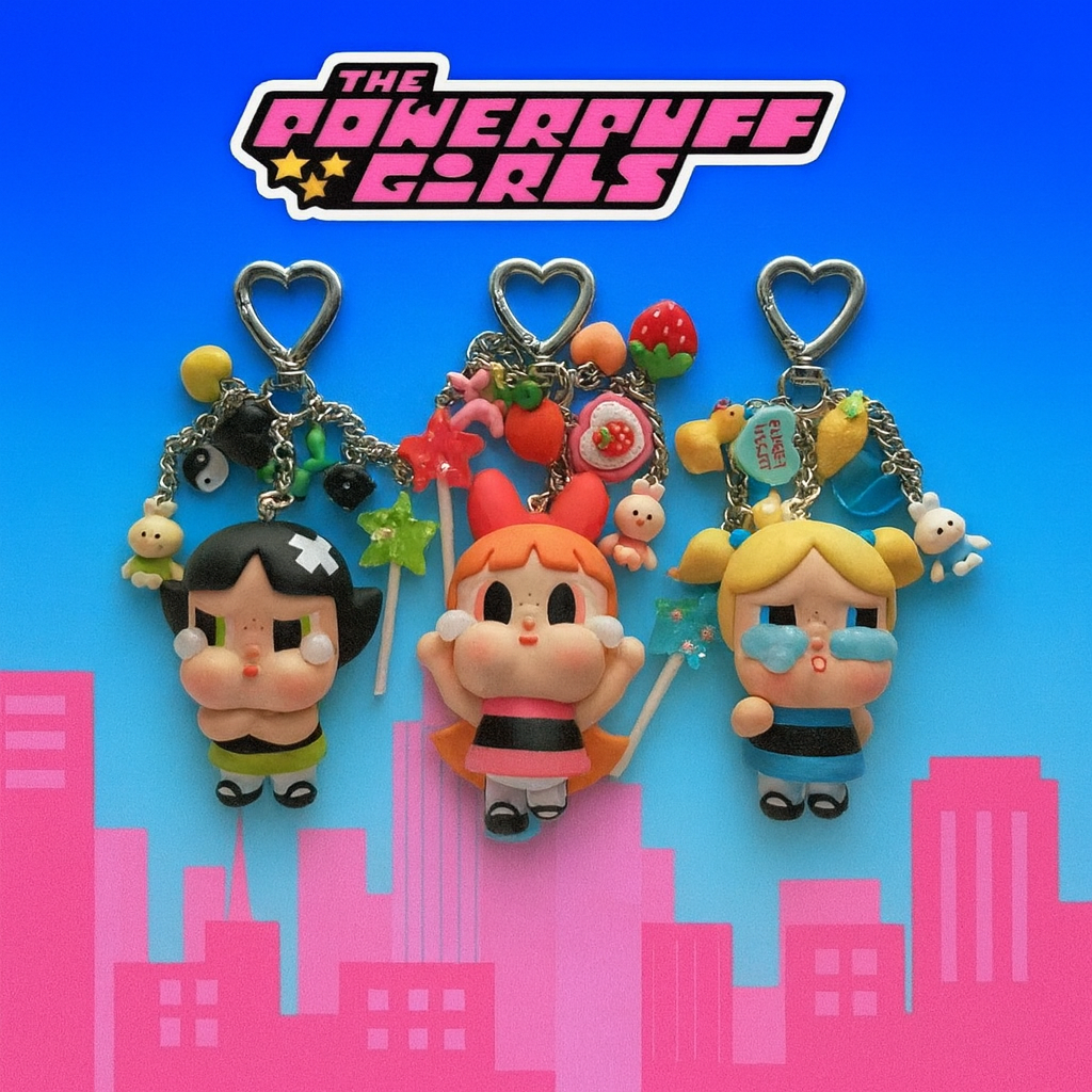 Powerpuff Girls Keychain with Box | Cute Cartoon Character Bag Charms | Blossom Bubbles Buttercup Keyrings for Kids & Girls