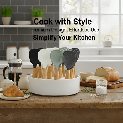 Premium Silicone Rice Spoon with Wooden Handle | Non-Stick Heat Resistant Serving Spoon | Modern Kitchen Cooking Tool