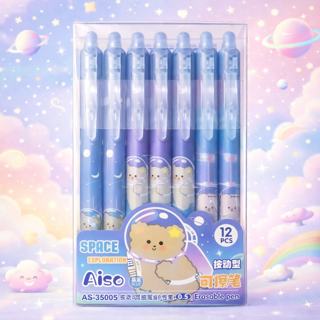 Kawaii 0.5mm Erasable Gel Pen Set (12 PCS) – Cute Cartoon Blue Ink Pens for School, Office & Journaling