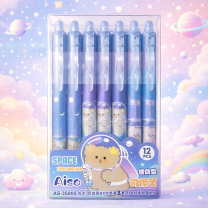 Kawaii 0.5mm Erasable Gel Pen Set (12 PCS) – Cute Cartoon Blue Ink Pens for School, Office & Journaling
