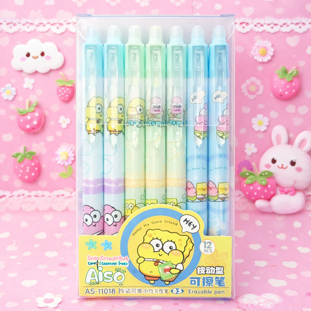 Kawaii 0.5mm Erasable Gel Pen Set (12 PCS) – Cute Cartoon Blue Ink Pens for School, Office & Journaling