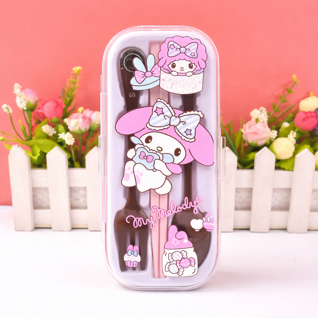 Sanrio Cute Portable Cutlery Set with Case – Kuromi / My Melody / Cinnamoroll Kids Lunch Spoon Fork Chopsticks Travel Set