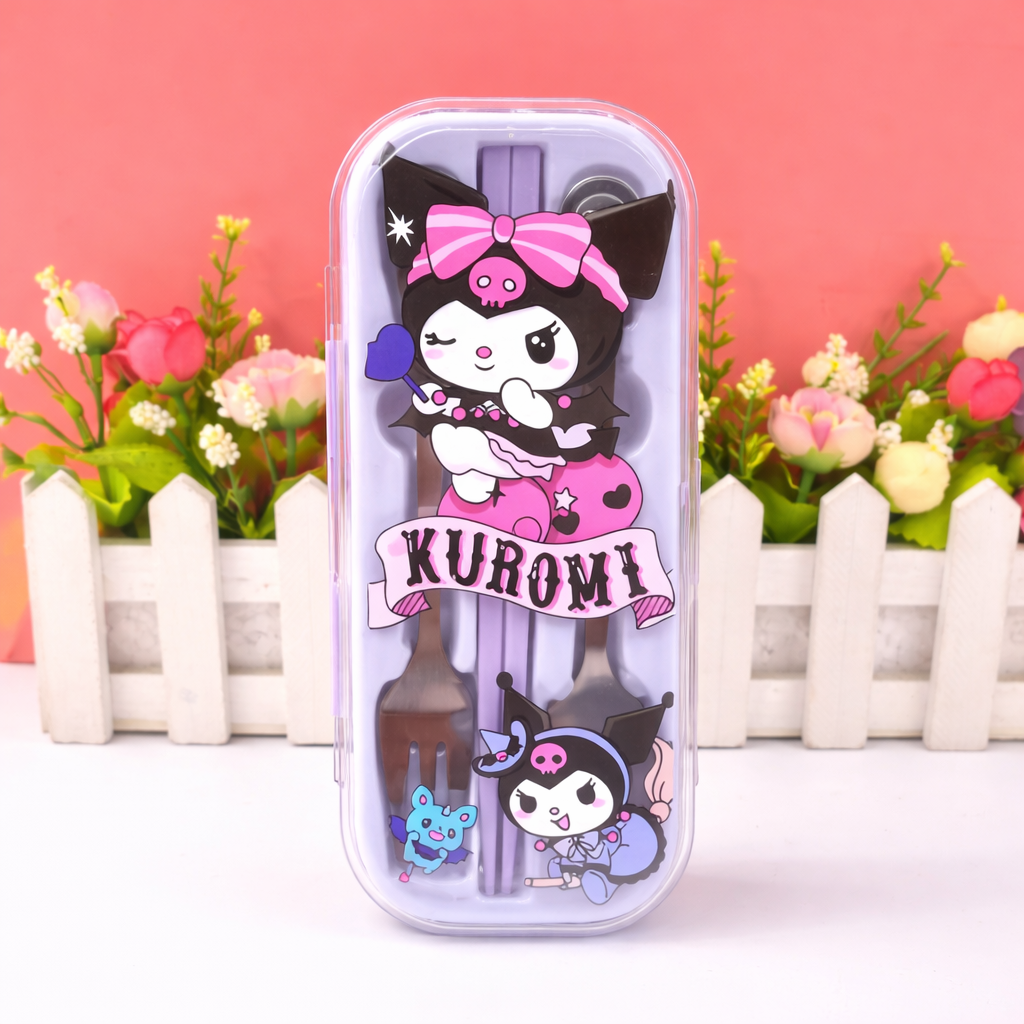 Sanrio Cute Portable Cutlery Set with Case – Kuromi / My Melody / Cinnamoroll Kids Lunch Spoon Fork Chopsticks Travel Set