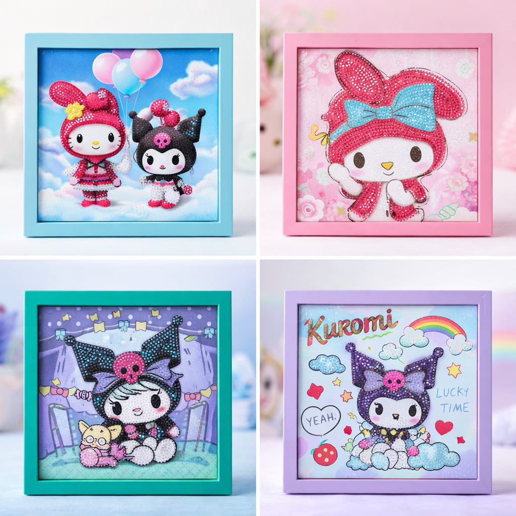 Cute Kawaii Diamond Art Frame Set of 4 – My Melody & Kuromi Sparkle Wall Décor | DIY Crystal Painting Home Decoration