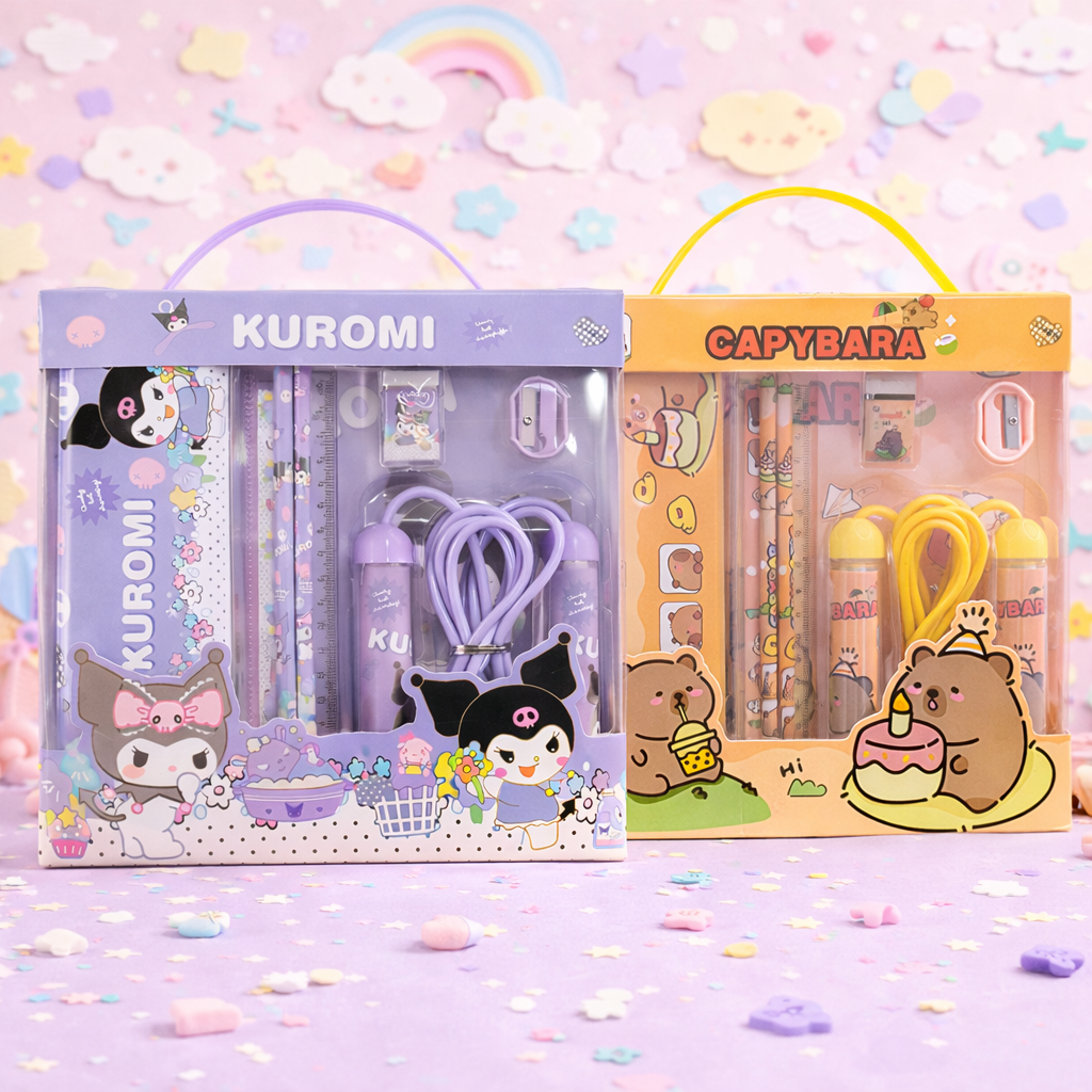 Kuromi & Capybara Kawaii Stationery Gift Set – Cute Cartoon Study Kit with Pencil, Ruler, Eraser, Sharpener & Jump Rope (7-in-1)