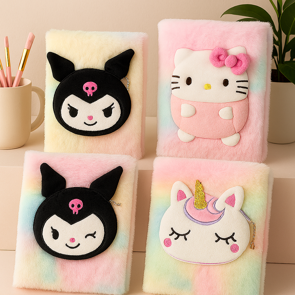 🦄 Kawaii Plush Character Notebook – Kuromi / Hello Kitty / Unicorn