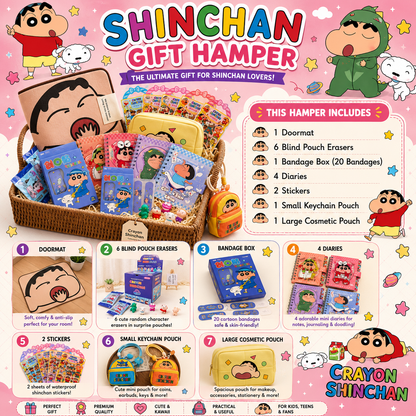 Crayon Shin Chan Gift Hamper for Kids & Anime Lovers – Premium Kawaii Gift Box with Doormat, Blind Box Erasers, Diaries, Cosmetic Pouch, Stickers, Bandages & Mini Keychain Pouch