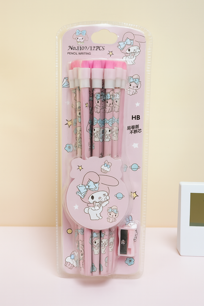 Kawaii Cartoon Pencil Set for Kids – Cute Stationery Pack (HB Pencils + Eraser + Sharpener) | Kuromi, Unicorn, Undersea, Cinnamoroll Inspired Designs