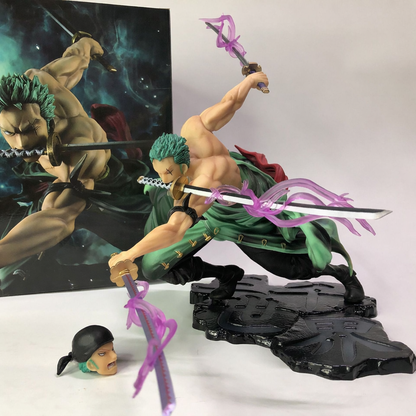 Roronoa Zoro Three Sword Style Anime Action Figure – One Piece Zoro Collectible Statue with Dual Head & 3 Swords – Premium Anime Figurine for Collectors (Approx. 22-25 cm)