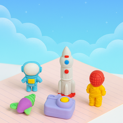 Space Adventure Eraser Set | Cute Astronaut & Rocket Erasers for Kids – Kawaii Stationery Collection