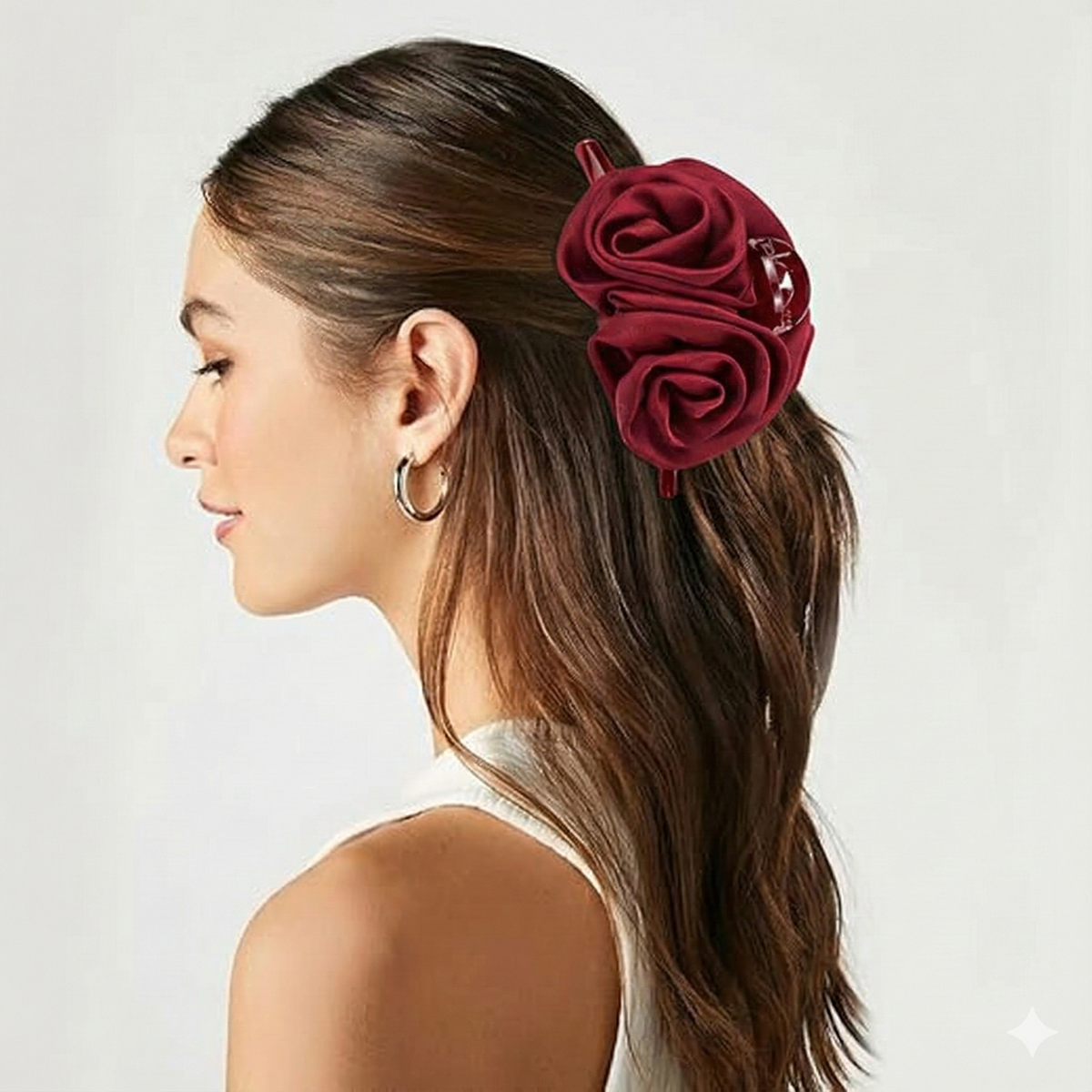 Burgundy Double Rose Flower Hair Claw Clip for Women & Girls – Elegant Floral Satin Hair Clutcher