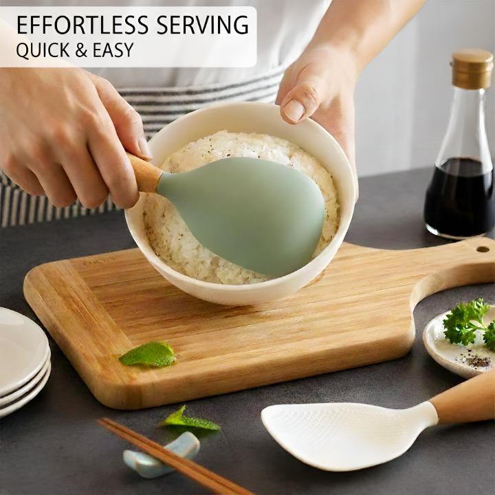 Premium Silicone Rice Spoon with Wooden Handle | Non-Stick Heat Resistant Serving Spoon | Modern Kitchen Cooking Tool