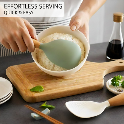 Premium Silicone Rice Spoon with Wooden Handle | Non-Stick Heat Resistant Serving Spoon | Modern Kitchen Cooking Tool