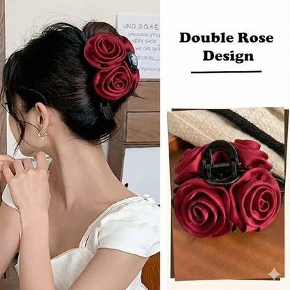 Burgundy Double Rose Flower Hair Claw Clip for Women & Girls – Elegant Floral Satin Hair Clutcher
