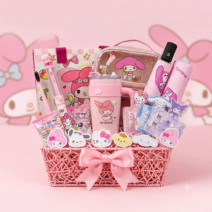 My Melody Premium Kawaii Gift Hamper | Sanrio Gift Set with Tumbler, Tote Bag, Cosmetic Pouch, Umbrella, Toothbrush, Blind Box Erasers & Nail Art | Cute Birthday Gift for Girls & Women