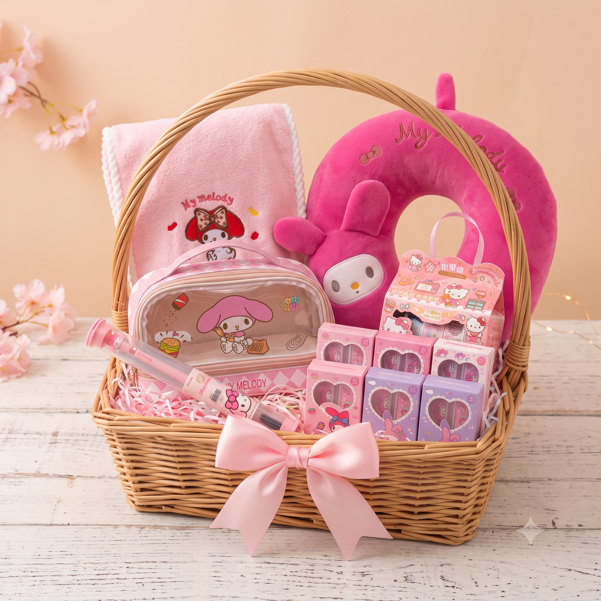 My Melody Pink Kawaii Gift Hamper with Cosmetic Pouch, Bath Towel, Neck Pillow, Toothbrush, Washi Tape & Bandages – 10-Piece Gift Set