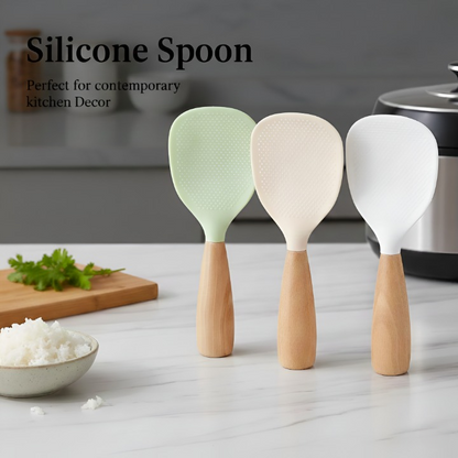 Premium Silicone Rice Spoon with Wooden Handle | Non-Stick Heat Resistant Serving Spoon | Modern Kitchen Cooking Tool