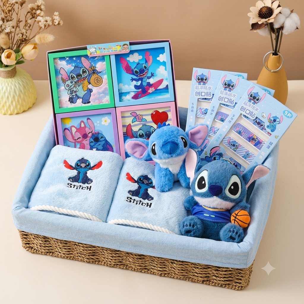 Stitch Kawaii Gift Hamper Set – 4 Diamond Art Kits, Bath Towel, Hand Towel, Wrist Soft Toy Band, 5 Bandages & Keychain | Cute Cartoon Gift Set