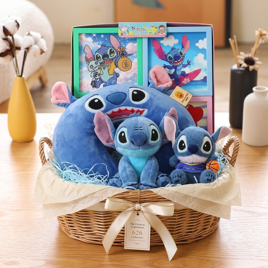 Disney Stitch Gift Hamper – Premium Kawaii Hamper with Stitch Neck Pillow, Stitch Keychain, Stitch Wrist Plush & 4 Diamond Art Kits | Cute Birthday Gift for Girls, Kids & Stitch Fans