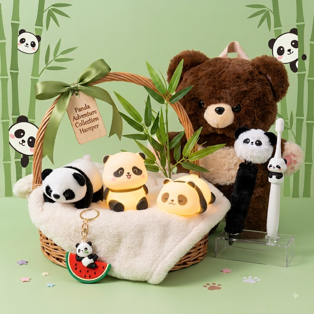 Panda Kawaii Gift Hamper – 2 Lamps, Cute Backpack, Giant Fluffy Pen, Toothbrush, Keychain & Wrist Band