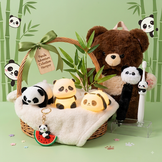 Panda Kawaii Gift Hamper – 2 Lamps, Cute Backpack, Giant Fluffy Pen, Toothbrush, Keychain & Wrist Band