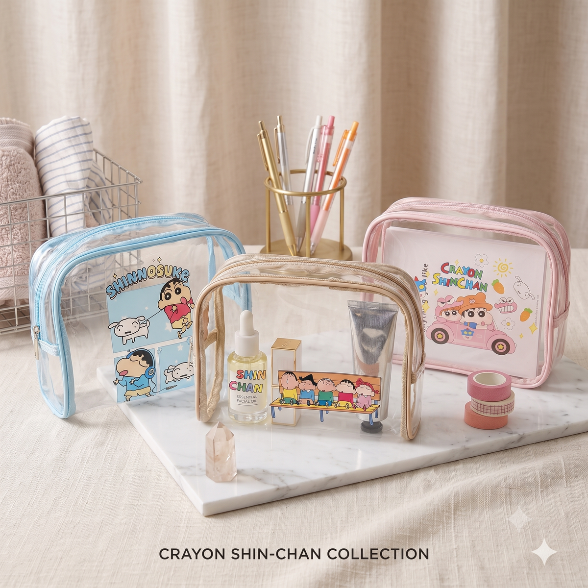 Crayon Shin-Chan Transparent Cosmetic Pouch | Cute Kawaii Makeup, Toiletry & Stationery Organizer Bag