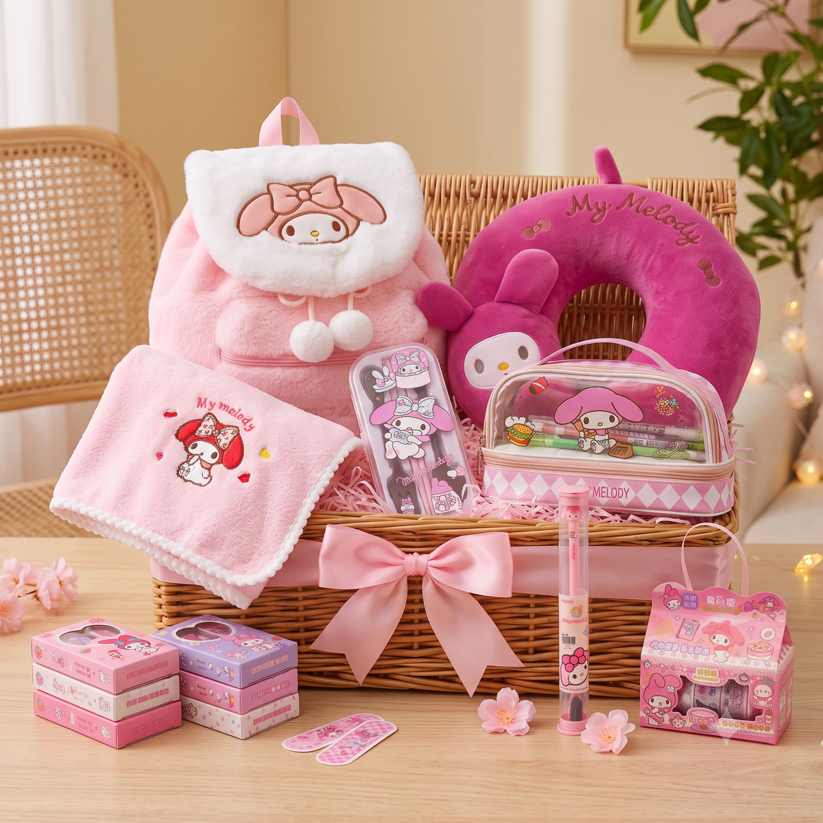 My Melody & Hello Kitty Kawaii Gift Hamper for Girls | 8-in-1 Pink Sanrio Backpack, Cosmetic Pouch, Neck Pillow & Accessories Gift Set