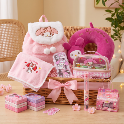My Melody & Hello Kitty Kawaii Gift Hamper for Girls | 8-in-1 Pink Sanrio Backpack, Cosmetic Pouch, Neck Pillow & Accessories Gift Set