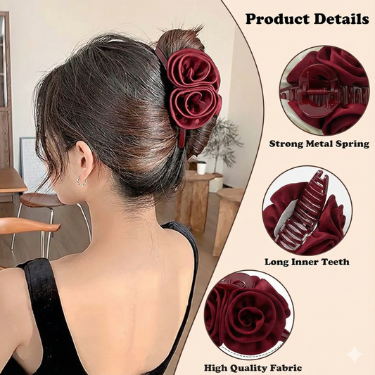 Burgundy Double Rose Flower Hair Claw Clip for Women & Girls – Elegant Floral Satin Hair Clutcher