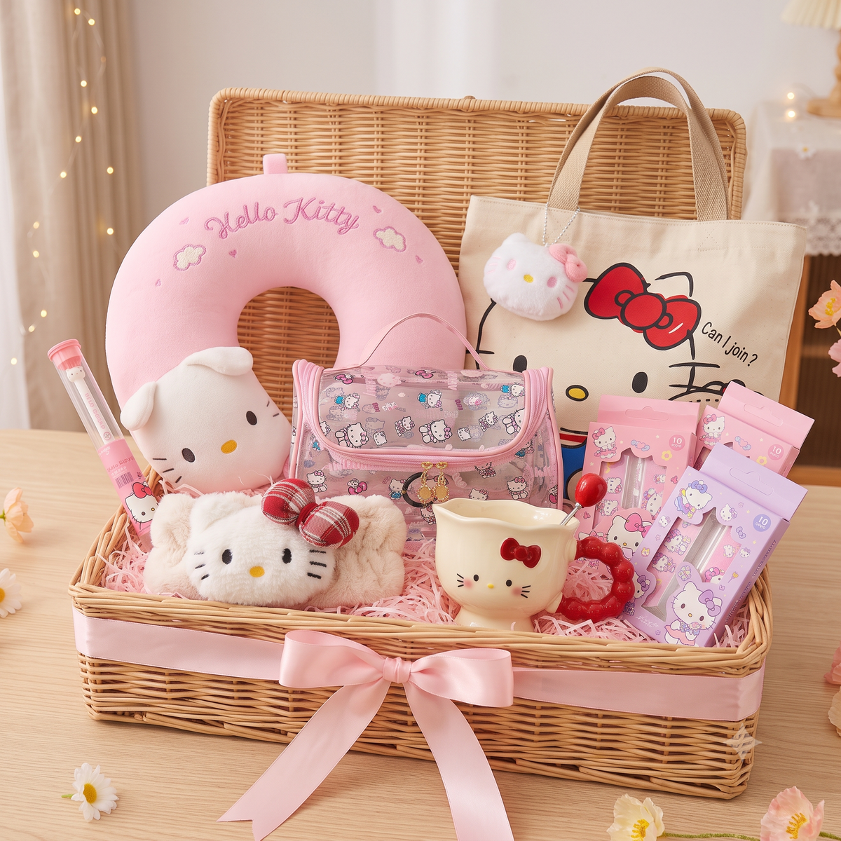 Hello Kitty Pink Gift Hamper for Girls | 8-Piece Kawaii Gift Set with Tote Bag, Cosmetic Pouch, Neck Pillow, Hair Band, Cup & More