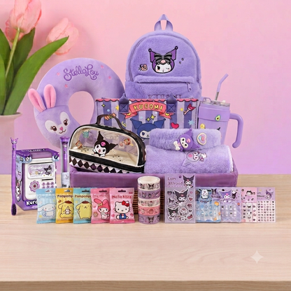 Kuromi Ultimate Kawaii Gift Hamper – 25+ Pieces Sanrio Gift Set with Backpack, Neck Pillow, Tumbler Bottle, Bath Towel, Tote Bag, Piggy Bank, Cosmetic Pouch, Hair Band, Stationery & Accessories | Birthday Gift for Girls & Women