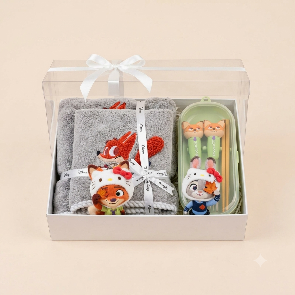 Zootopia Cute Gift Hamper – Sling Bag, Cutlery Set, 2-Piece Towel Set & Character Keychains | Gift Ready Cartoon Hamper