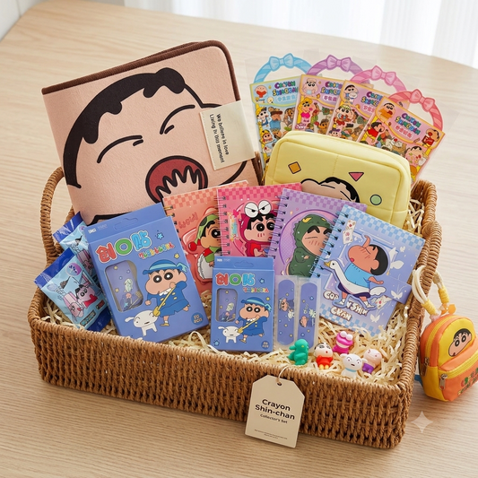 Crayon Shin Chan Gift Hamper for Kids & Anime Lovers – Premium Kawaii Gift Box with Doormat, Blind Box Erasers, Diaries, Cosmetic Pouch, Stickers, Bandages & Mini Keychain Pouch