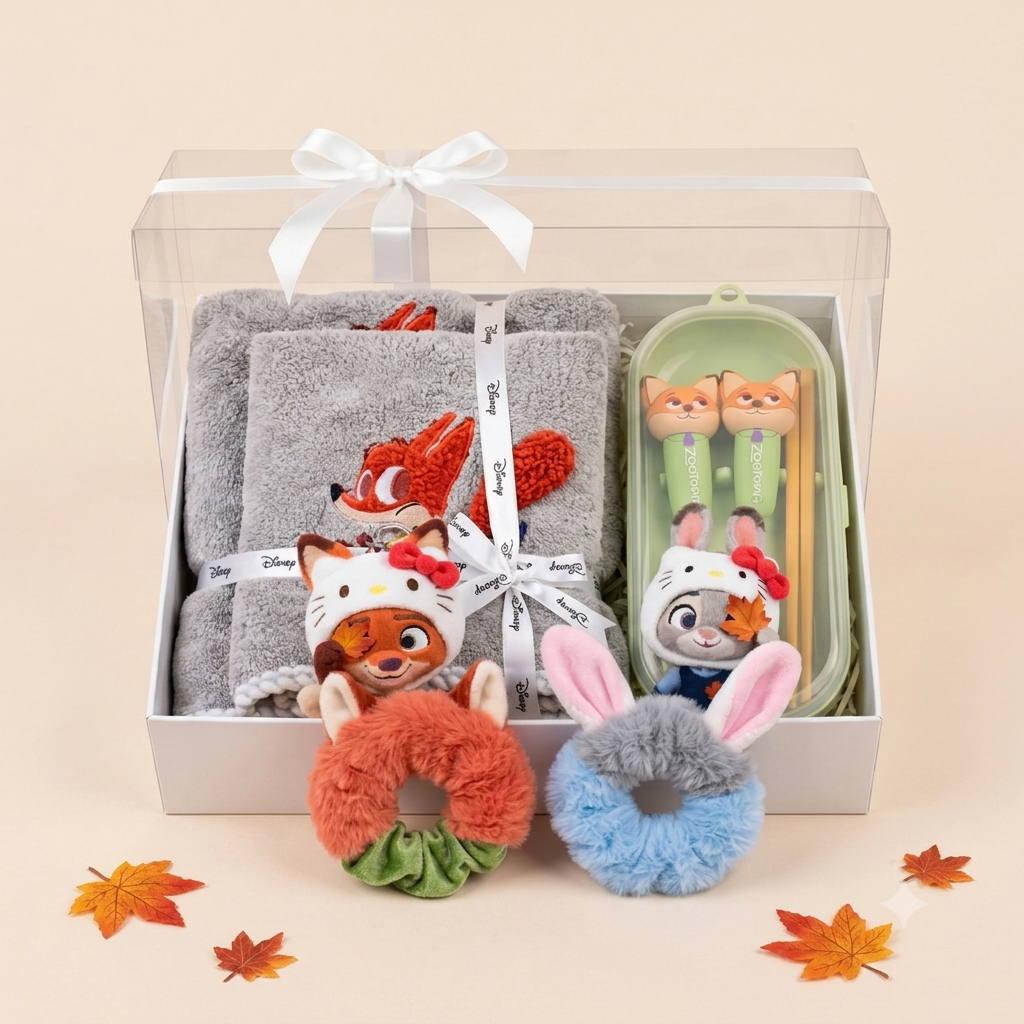 Zootopia Cute Gift Hamper – Sling Bag, Cutlery Set, Plush Hair Scrunchie ,2-Piece Towel Set & Character Keychains | Gift Ready Cartoon Hamper