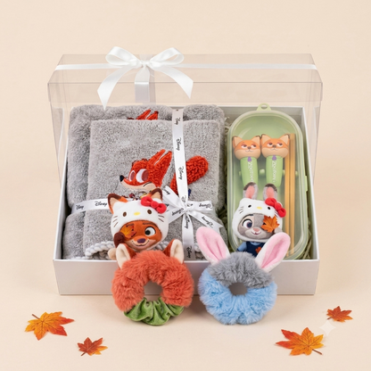 Zootopia Cute Gift Hamper – Sling Bag, Cutlery Set, Plush Hair Scrunchie ,2-Piece Towel Set & Character Keychains | Gift Ready Cartoon Hamper