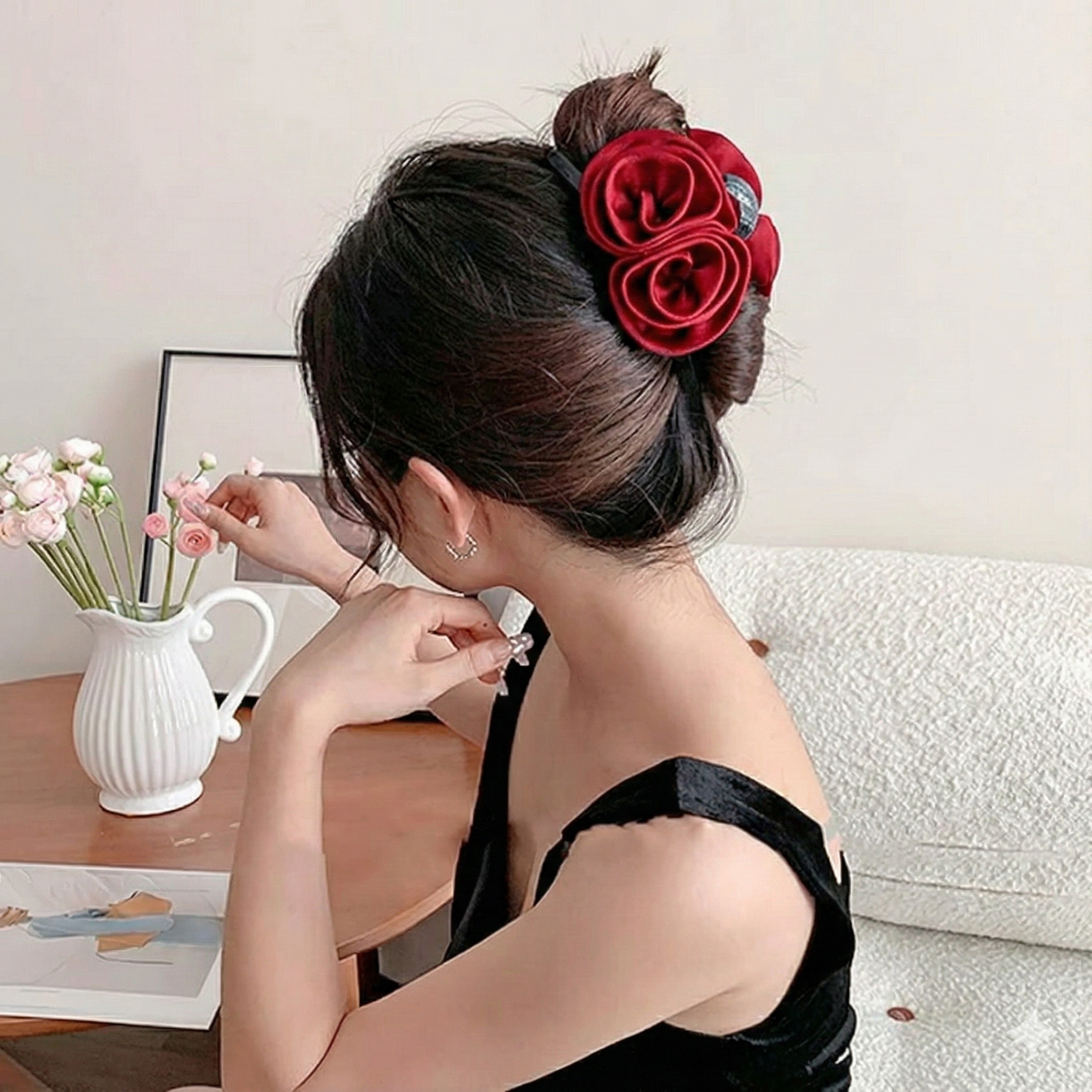 Burgundy Double Rose Flower Hair Claw Clip for Women & Girls – Elegant Floral Satin Hair Clutcher