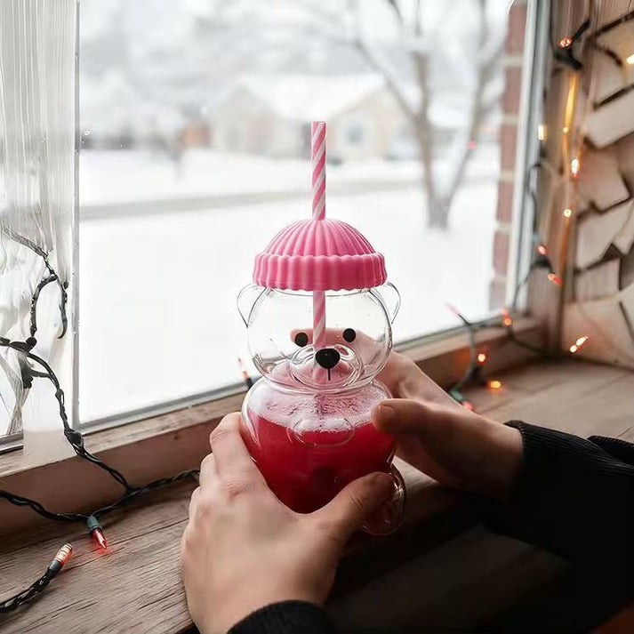 Cute Bear Glass Cup with Pink Lid and Straw | Kawaii Animal Shaped Drinking Glass