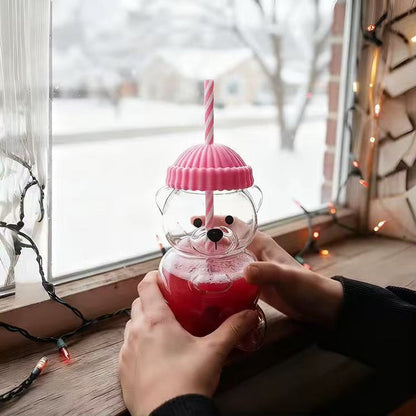 Cute Bear Glass Cup with Pink Lid and Straw | Kawaii Animal Shaped Drinking Glass