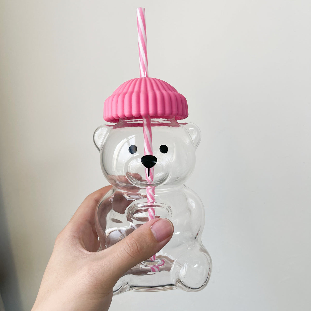 Cute Bear Glass Cup with Pink Lid and Straw | Kawaii Animal Shaped Drinking Glass