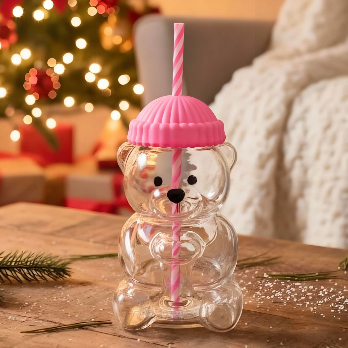 Cute Bear Glass Cup with Pink Lid and Straw | Kawaii Animal Shaped Drinking Glass