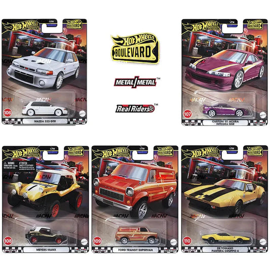 Hot Wheels Boulevard Premium Die-Cast Car Set of 5 – 1:64 Scale Metal/Metal Collectible Cars with Real Riders (Mazda 323 GTR, Acura Integra, Meyers Manx, Ford Transit Supervan, De Tomaso Pantera)