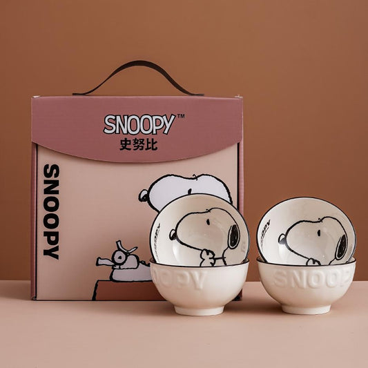 Snoopy Ceramic Bowl Set of 4 | Cute Cartoon Snoopy Printed Bowls with Gift Box | Kawaii Kitchen & Dining Bowls