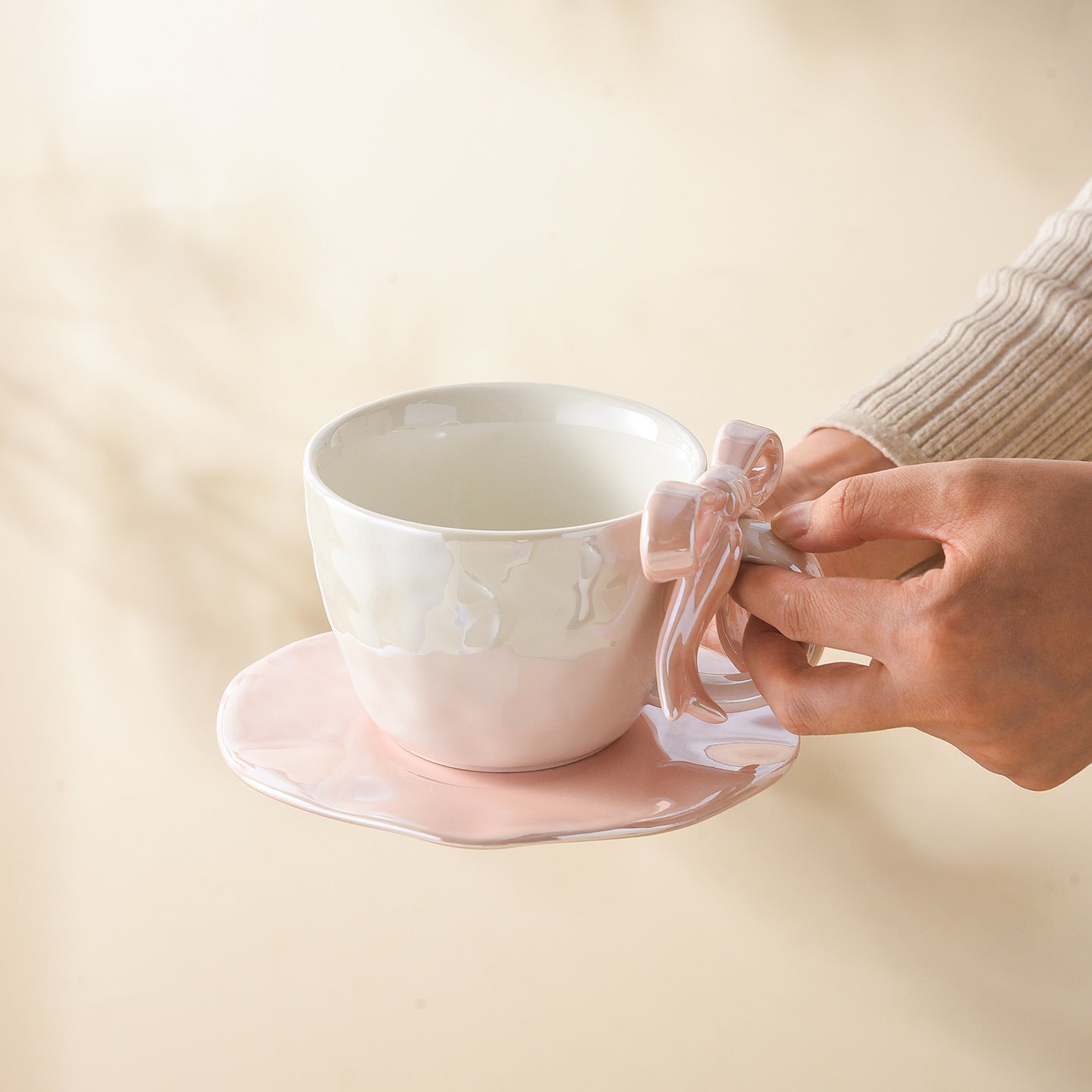 Premium Bow Handle Ceramic Coffee Mug with Saucer Set | 300ml Pearl Glaze Tea Cup | Cute Aesthetic Cappuccino Mug | Korean Style Gift Mug