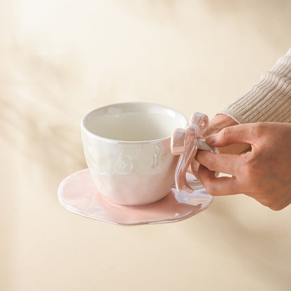Premium Bow Handle Ceramic Coffee Mug with Saucer Set | 300ml Pearl Glaze Tea Cup | Cute Aesthetic Cappuccino Mug | Korean Style Gift Mug