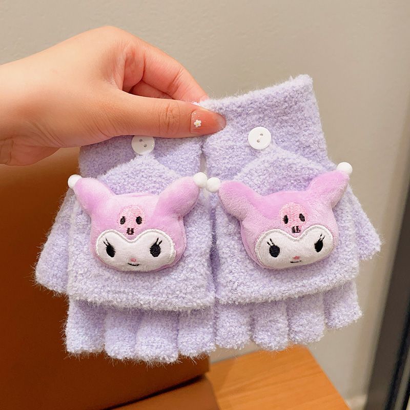 Kawaii Plush Flip-Cover Winter Gloves for Kids – Hello Kitty, Cinnamoroll, Kuromi & My Melody Designs