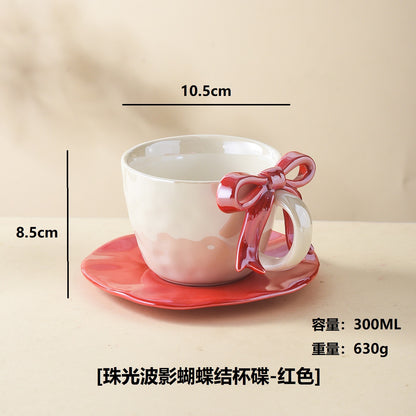 Premium Bow Handle Ceramic Coffee Mug with Saucer Set | 300ml Pearl Glaze Tea Cup | Cute Aesthetic Cappuccino Mug | Korean Style Gift Mug