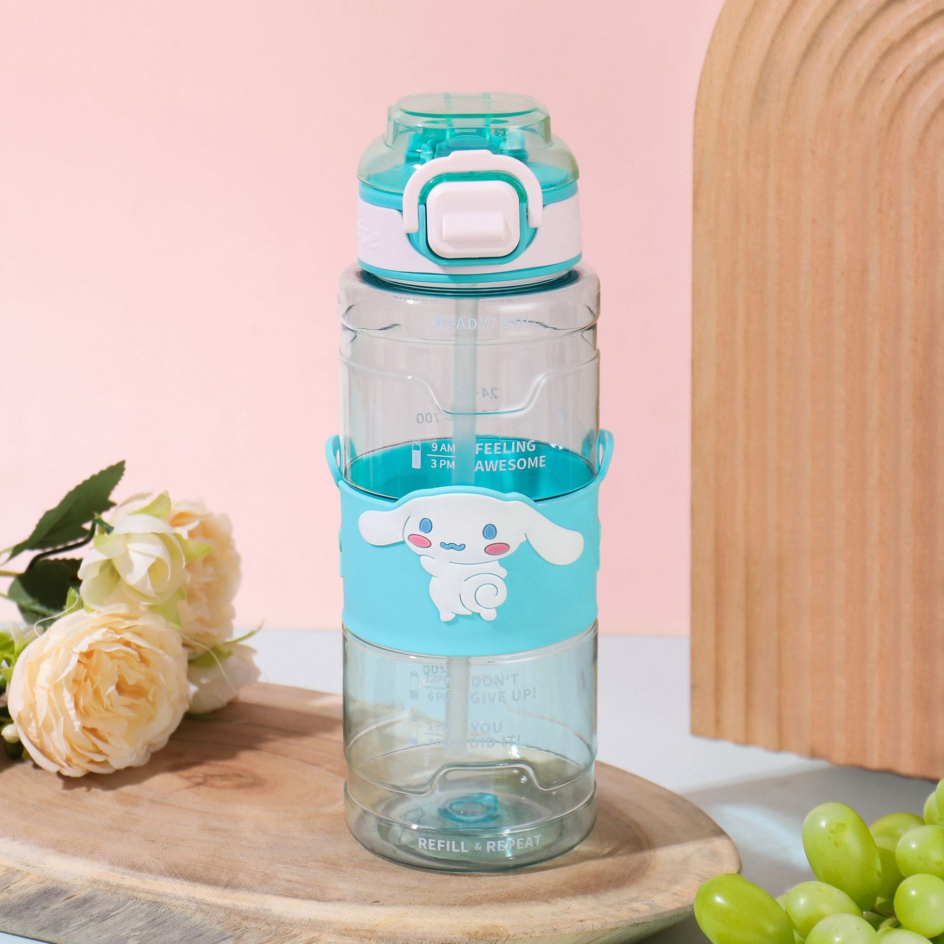 Kawaii Character Water Bottle With Belt Strap – 1 Litre Leakproof Tritan Straw Bottle (Hello Kitty / Cinnamoroll / Lotso / Kuromi)