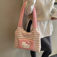 Kawaii Hello Kitty Plush Tote Bag – Soft Striped Shoulder Handbag for Girls | Cute Furry Mini Tote Purse (Pink & Brown)