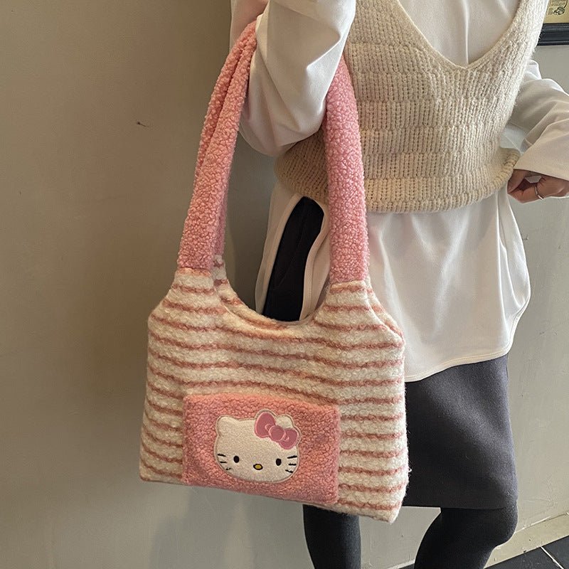 Kawaii Hello Kitty Plush Tote Bag – Soft Striped Shoulder Handbag for Girls | Cute Furry Mini Tote Purse (Pink & Brown)